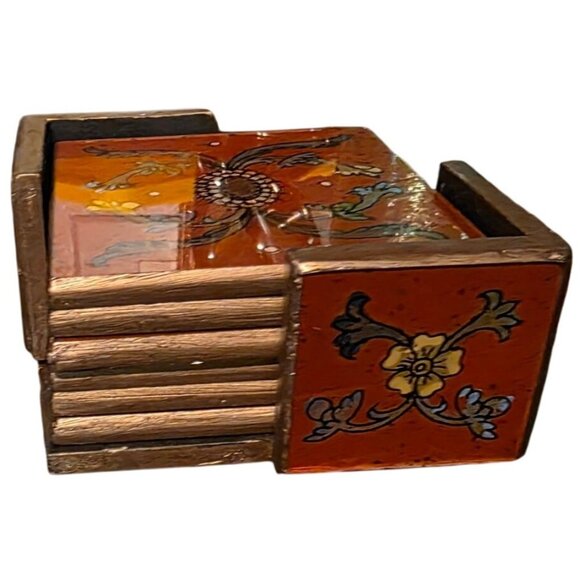 4 Vintage Coasters Square Floral Gold French Country & Holder 4x4 Inches - Picture 3 of 7